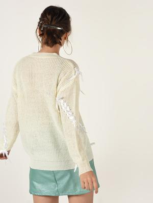 dropped shoulder lace up detail pullover - 15800285 - Standard Image - 3