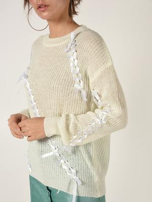 dropped shoulder lace up detail pullover - 15800285 - Standard Image - 5