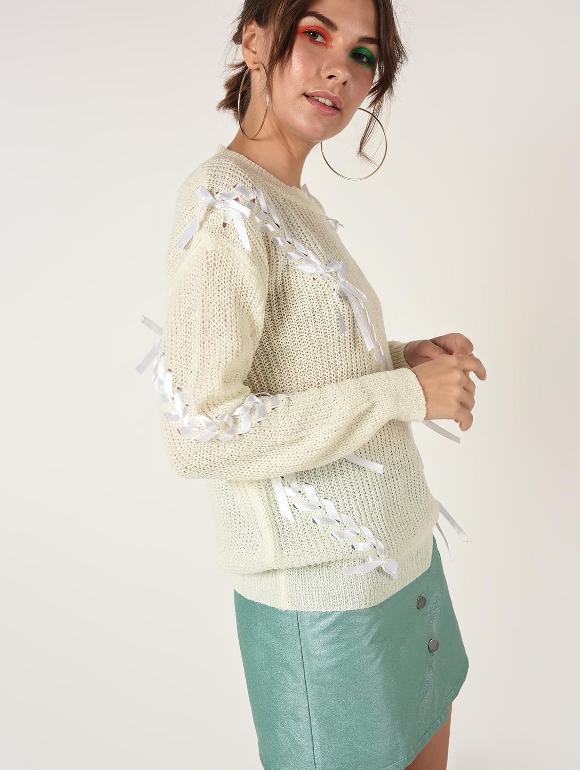 dropped shoulder lace up detail pullover - 15800285 - Zoom Image - 2