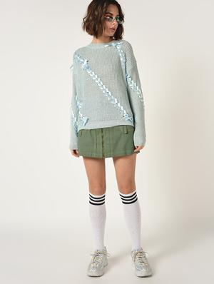 dropped shoulder lace up detail pullover - 15800286 - Standard Image - 2