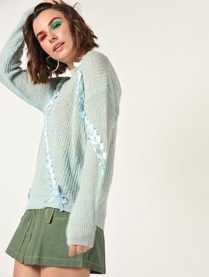 dropped shoulder lace up detail pullover - 15800286 - Standard Image - 3