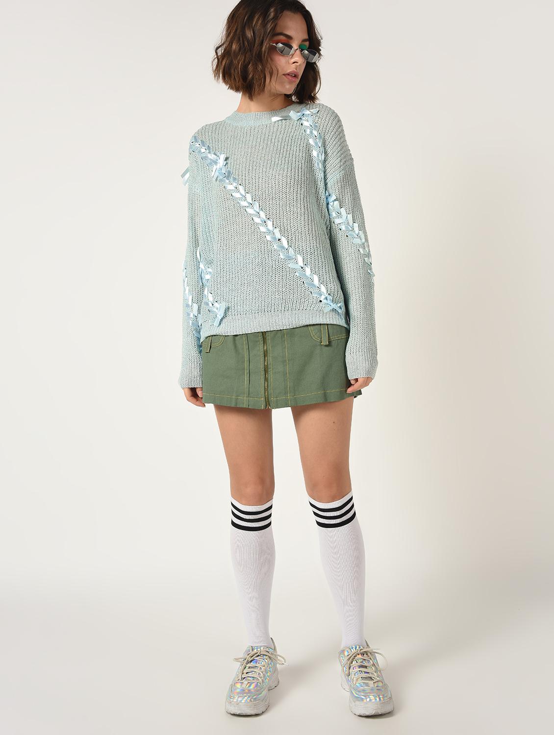 dropped shoulder lace up detail pullover - 15800286 - Zoom Image - 2