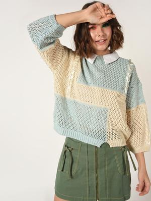 lace up detail pointelle knit pullover - 15800288 - Standard Image - 2