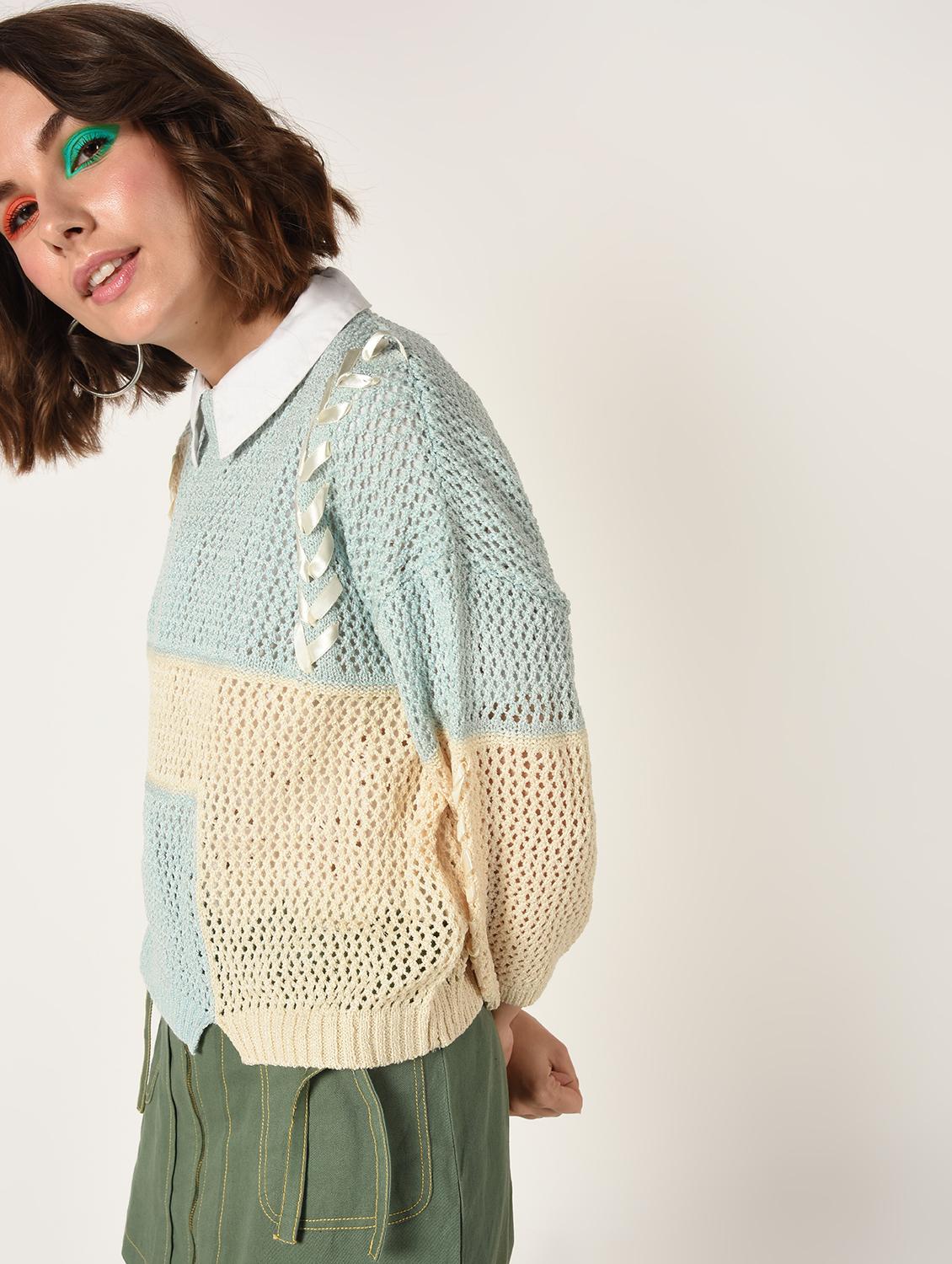 lace up detail pointelle knit pullover - 15800288 - Zoom Image - 3