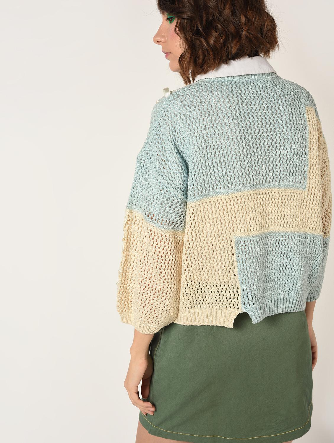 lace up detail pointelle knit pullover - 15800288 - Zoom Image - 4