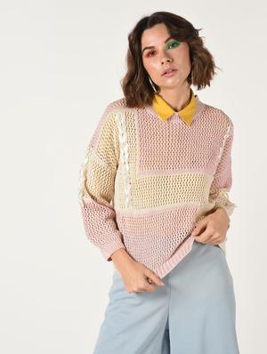 lace up detail pointelle knit pullover - 15800289 - Standard Image - 2