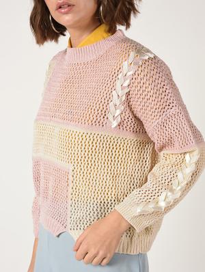 lace up detail pointelle knit pullover - 15800289 - Standard Image - 5