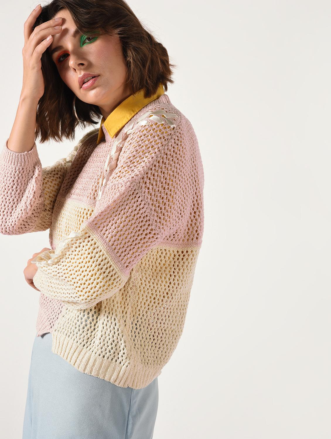 lace up detail pointelle knit pullover - 15800289 - Zoom Image - 3