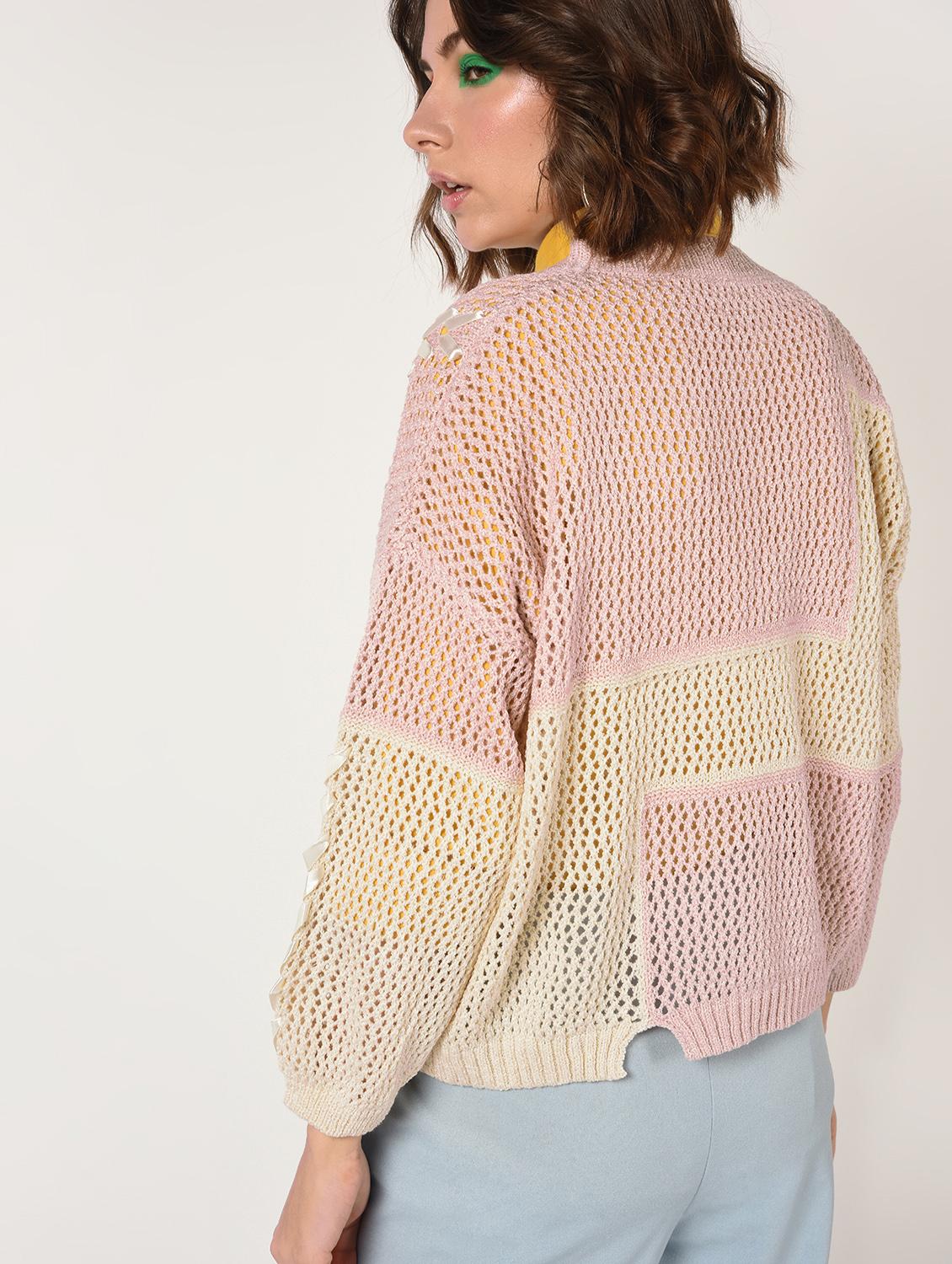 lace up detail pointelle knit pullover - 15800289 - Zoom Image - 4