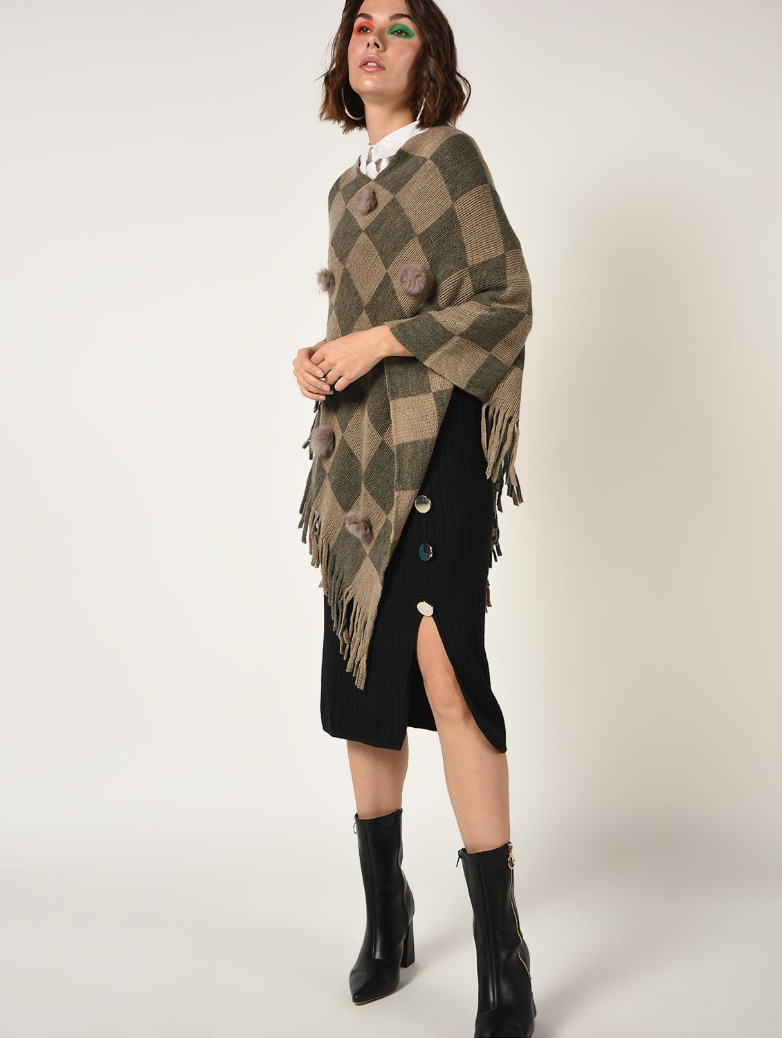 pom pom checkered fringed poncho - 15800348 - Zoom Image - 1