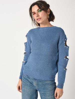 pearl embellished cut out sleeved top - 15801658 - Standard Image - 2