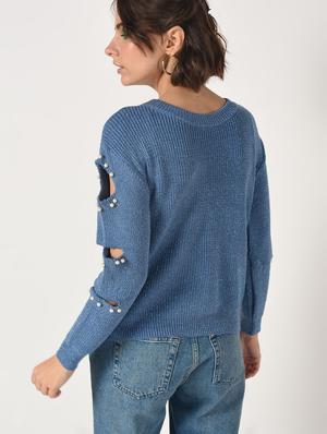 pearl embellished cut out sleeved top - 15801658 - Standard Image - 3