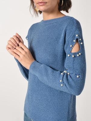 pearl embellished cut out sleeved top - 15801658 - Standard Image - 5