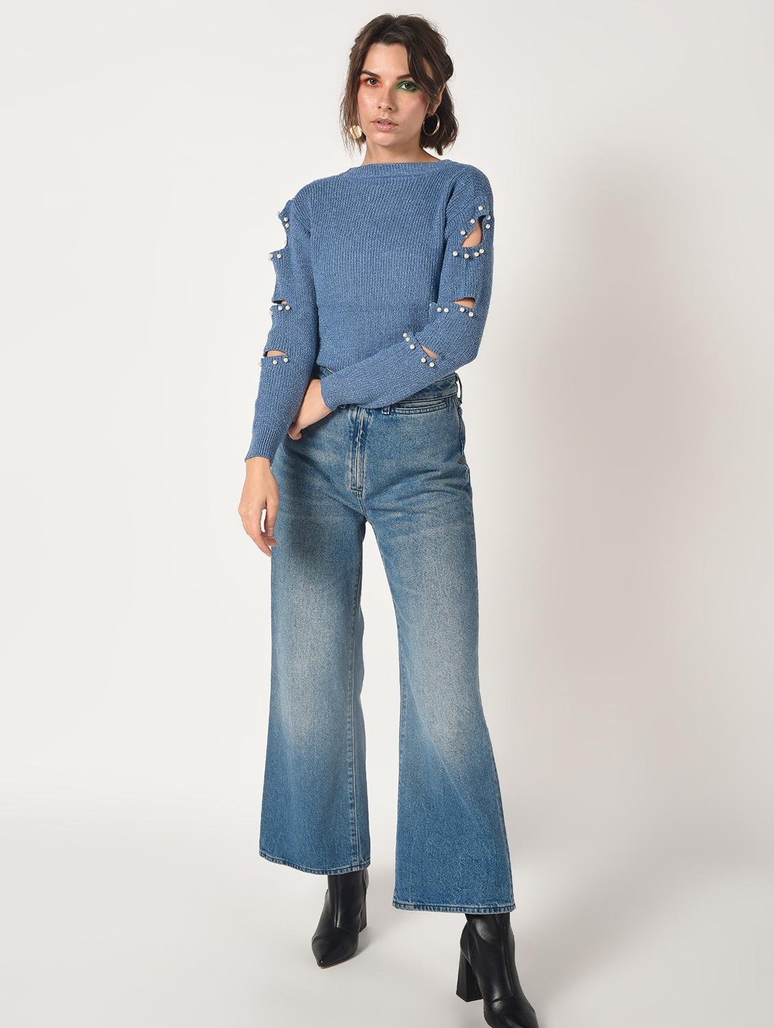 pearl embellished cut out sleeved top - 15801658 - Zoom Image - 4