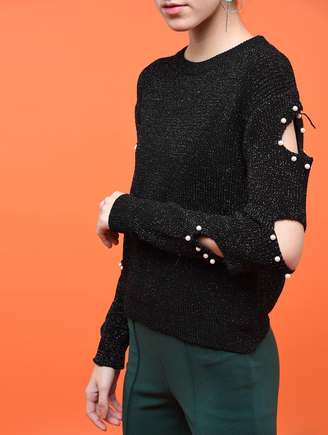 pearl embellished cut out sleeved top - 15801659 - Zoom Image - 2