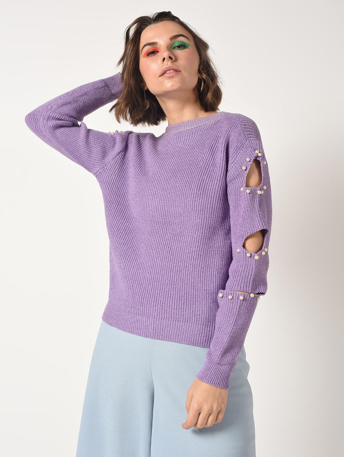 pearl embellished cut out sleeved top - 15801660 - Zoom Image - 2