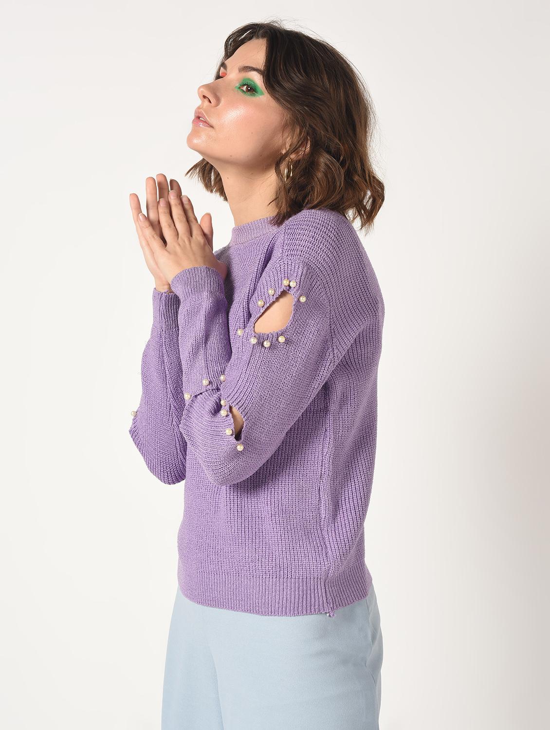 pearl embellished cut out sleeved top - 15801660 - Zoom Image - 3
