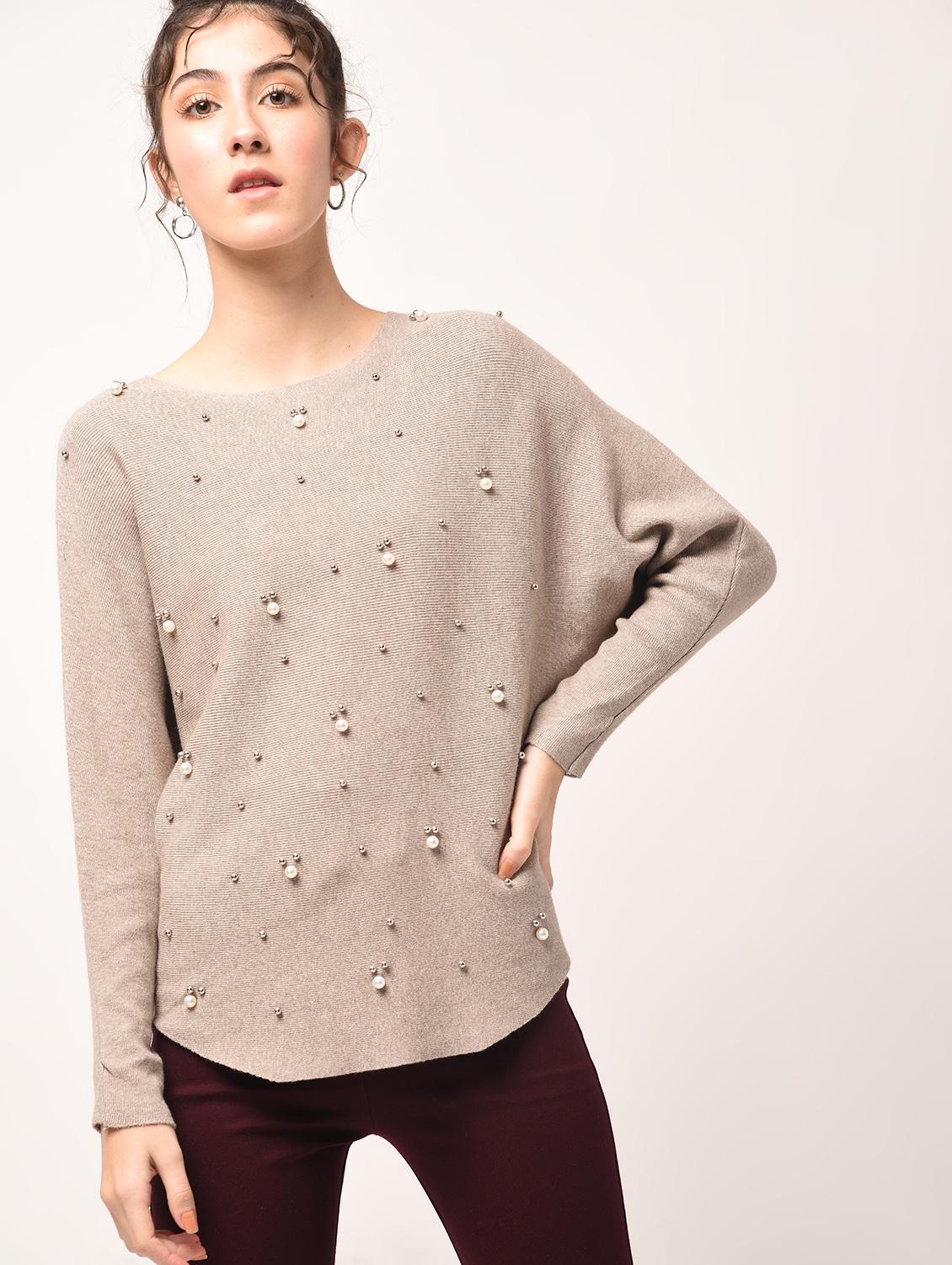 curved hem pearl embellished pullover - 15801677 - Zoom Image - 2
