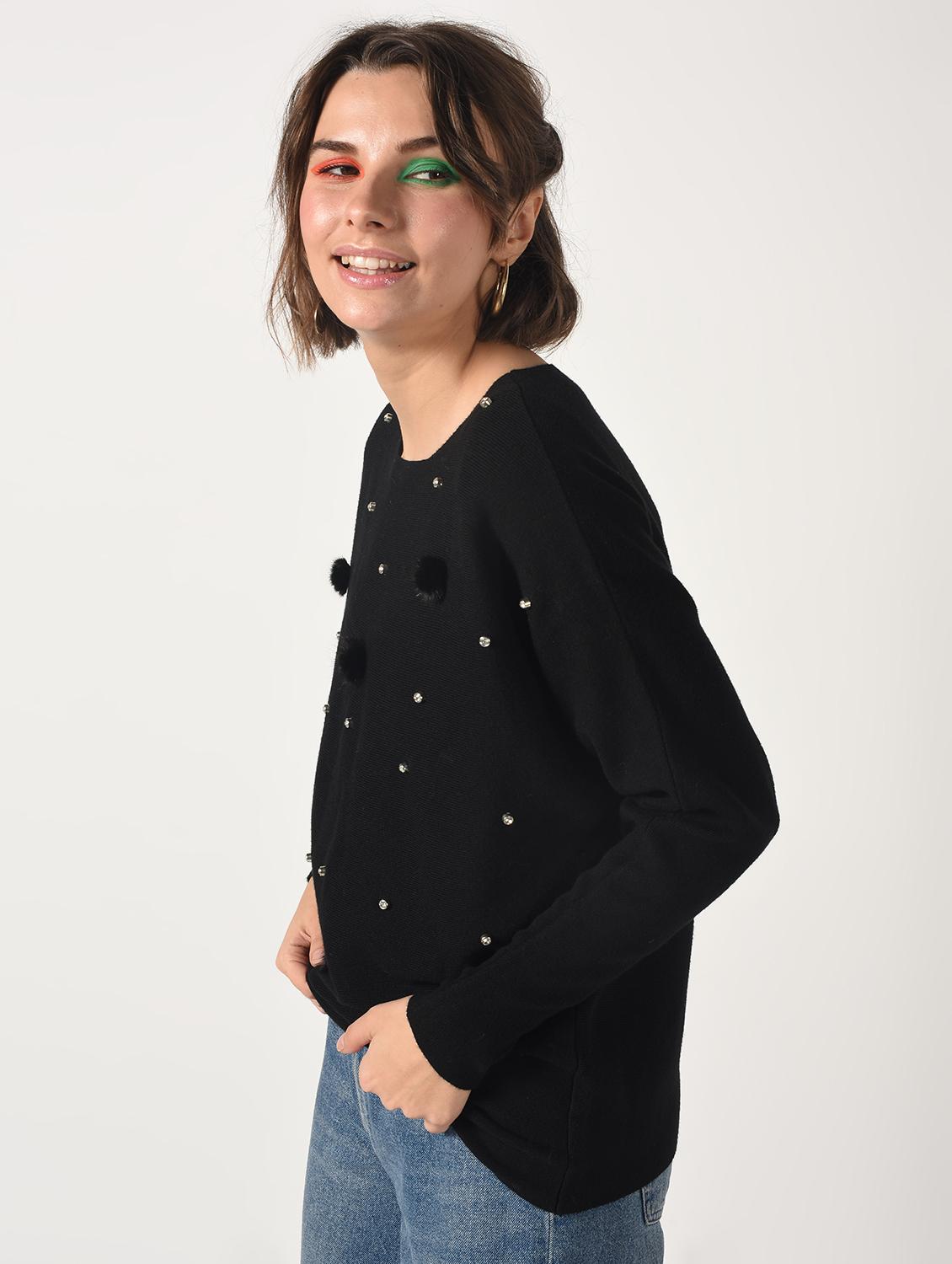 pom pom embellished boat neck top - 15801680 - Zoom Image - 2