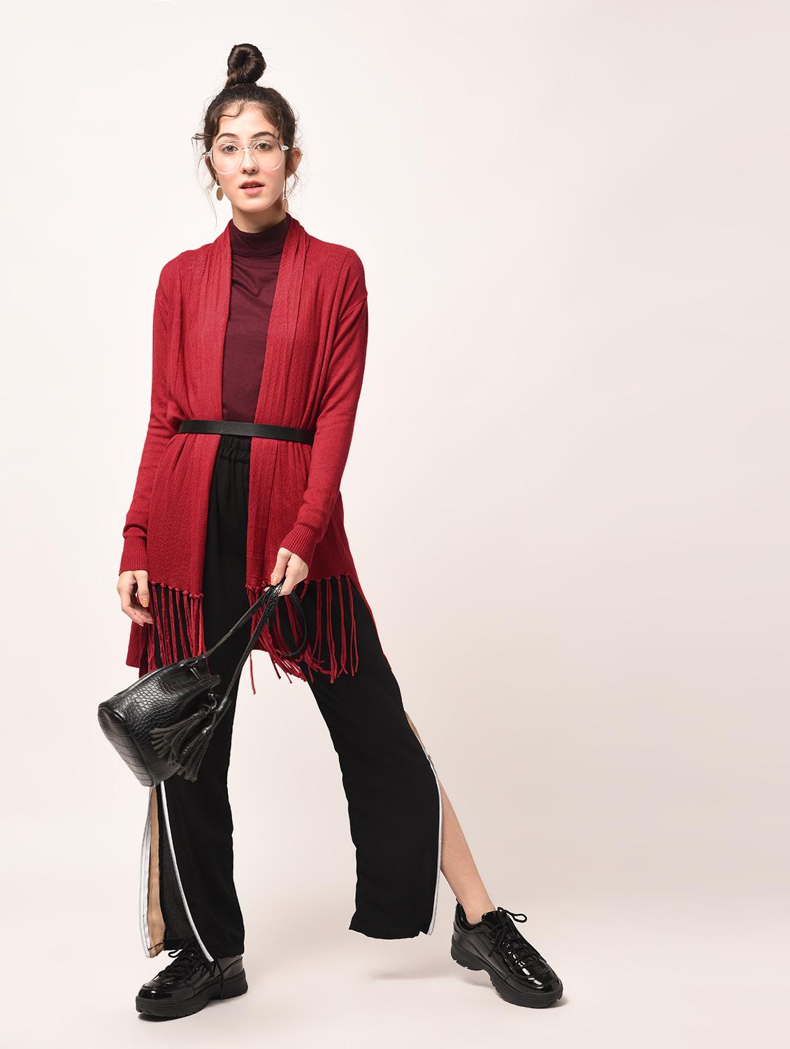 rib detail sleeved fringed hem shrug - 15801872 - Zoom Image - 3