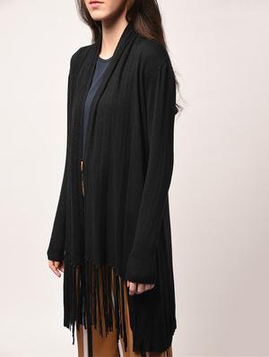 rib detail sleeved fringed hem shrug - 15801873 - Standard Image - 4