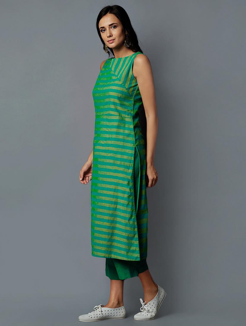 striped green straight kurta - 15803075 - Zoom Image - 2