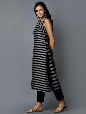 striped grey straight kurta - 15803077 - Standard Image - 2