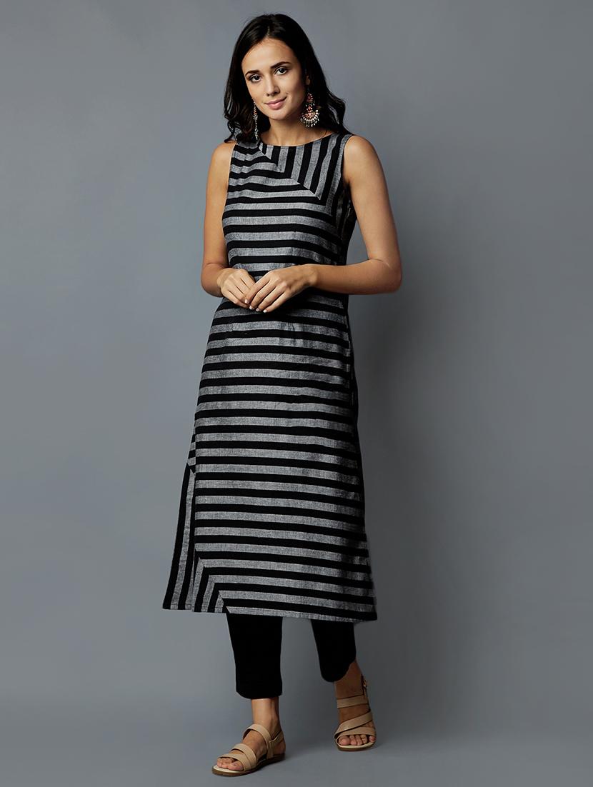striped grey straight kurta - 15803077 - Zoom Image - 1