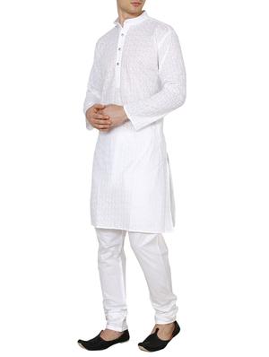 white cotton embroidered long kurta - 15803129 - Standard Image - 2