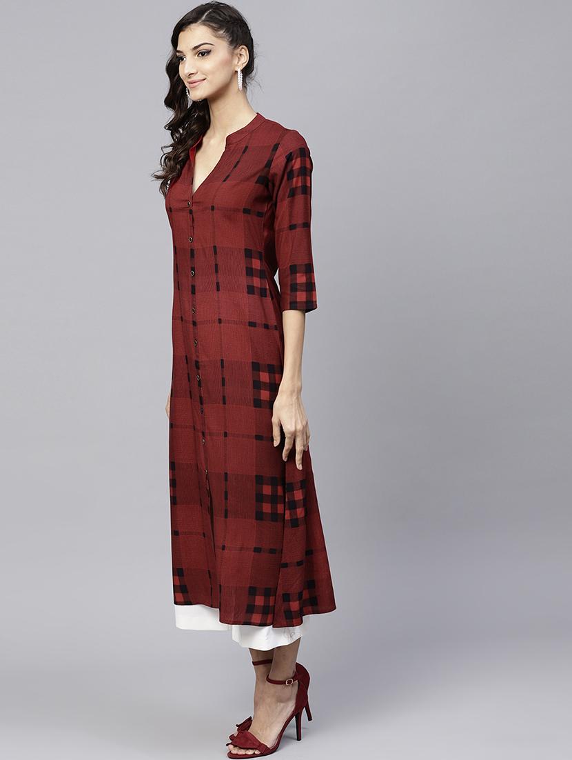 checkered printed a-line kurta - 15803476 - Zoom Image - 2