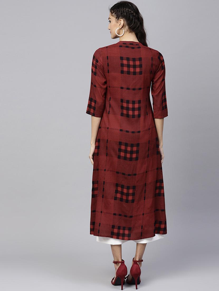 checkered printed a-line kurta - 15803476 - Zoom Image - 3