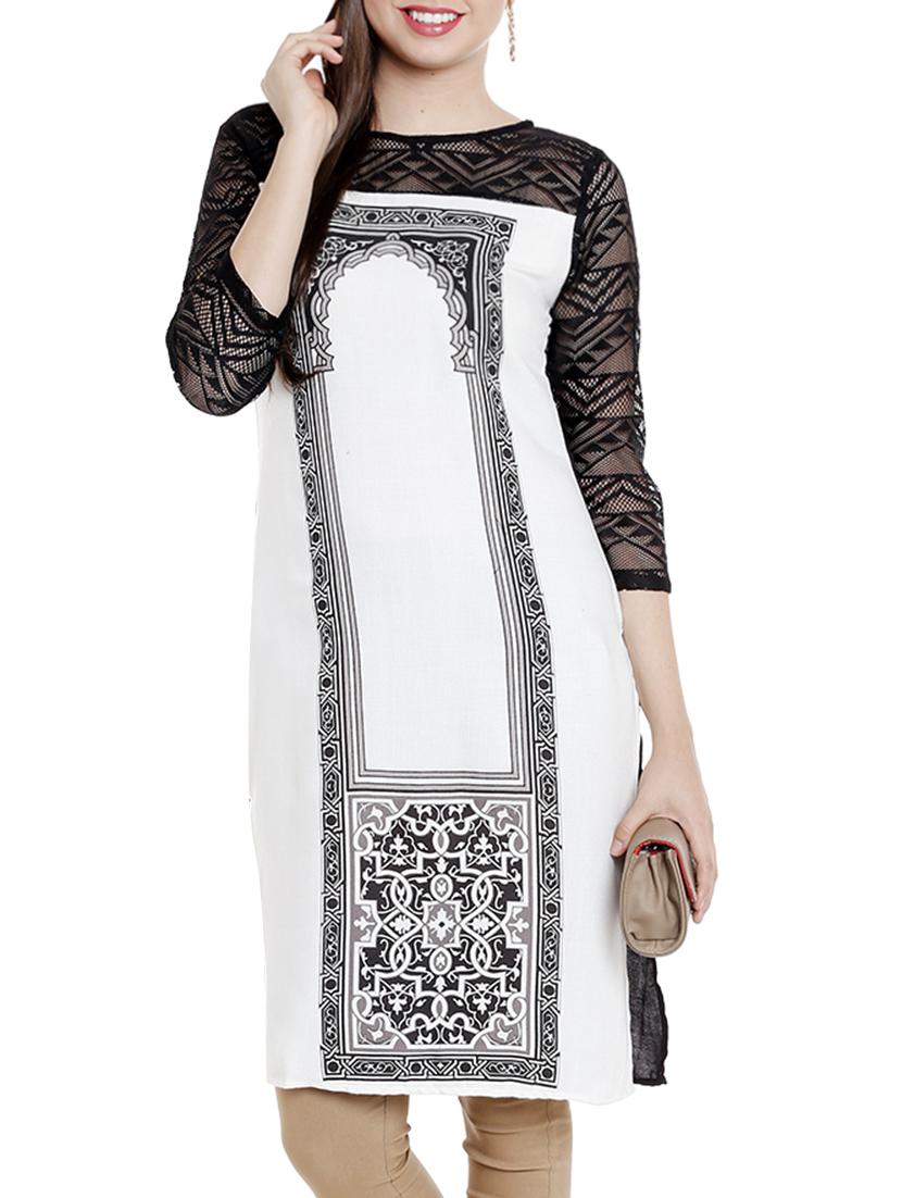 mesh yoke straight printed kurta - 15810625 - Zoom Image - 1