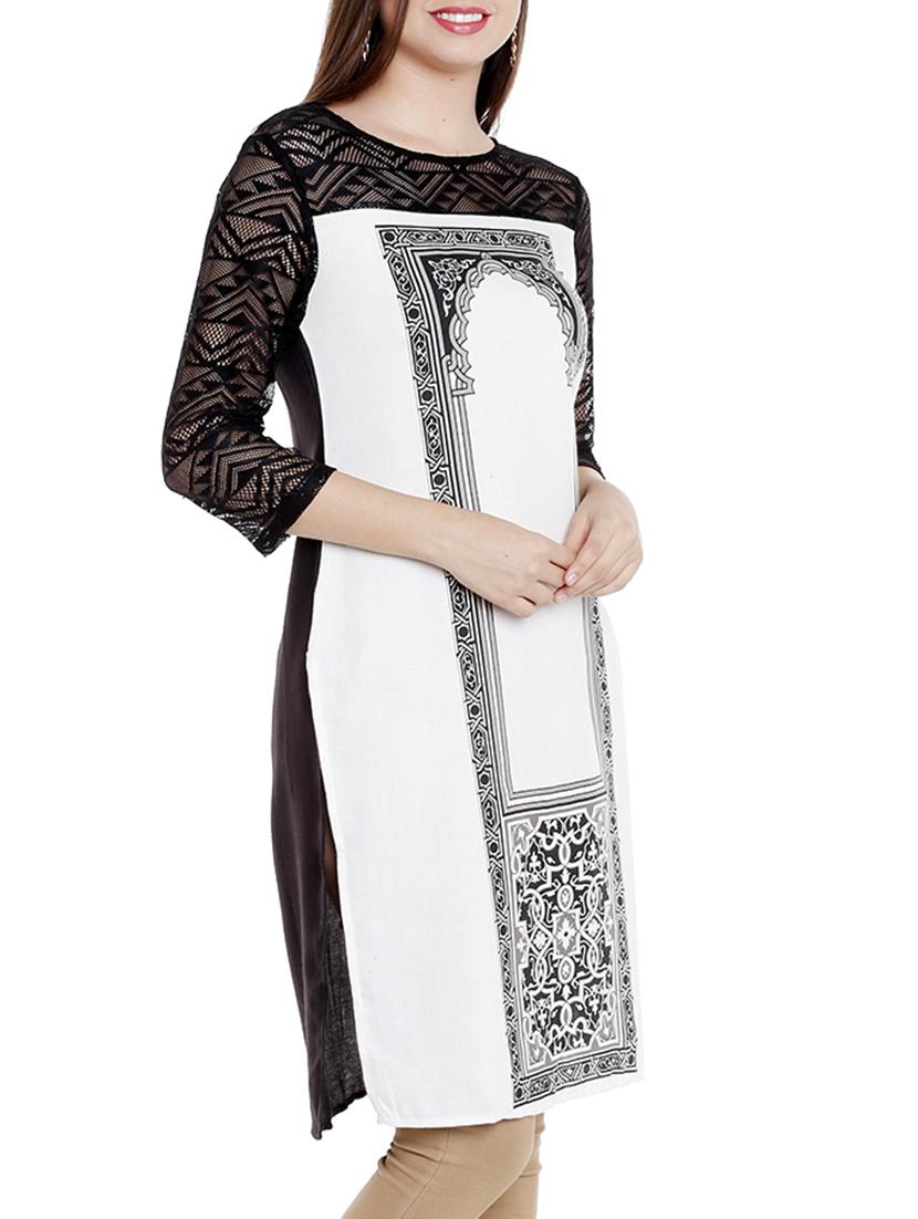 mesh yoke straight printed kurta - 15810625 - Zoom Image - 2