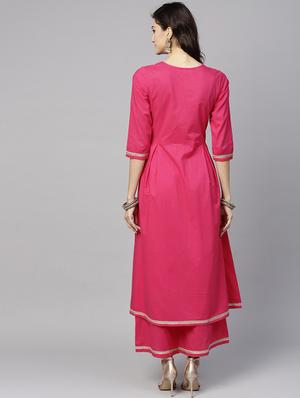 fuchsia gota patti flared kurta palazzo set - 15814800 - Standard Image - 3