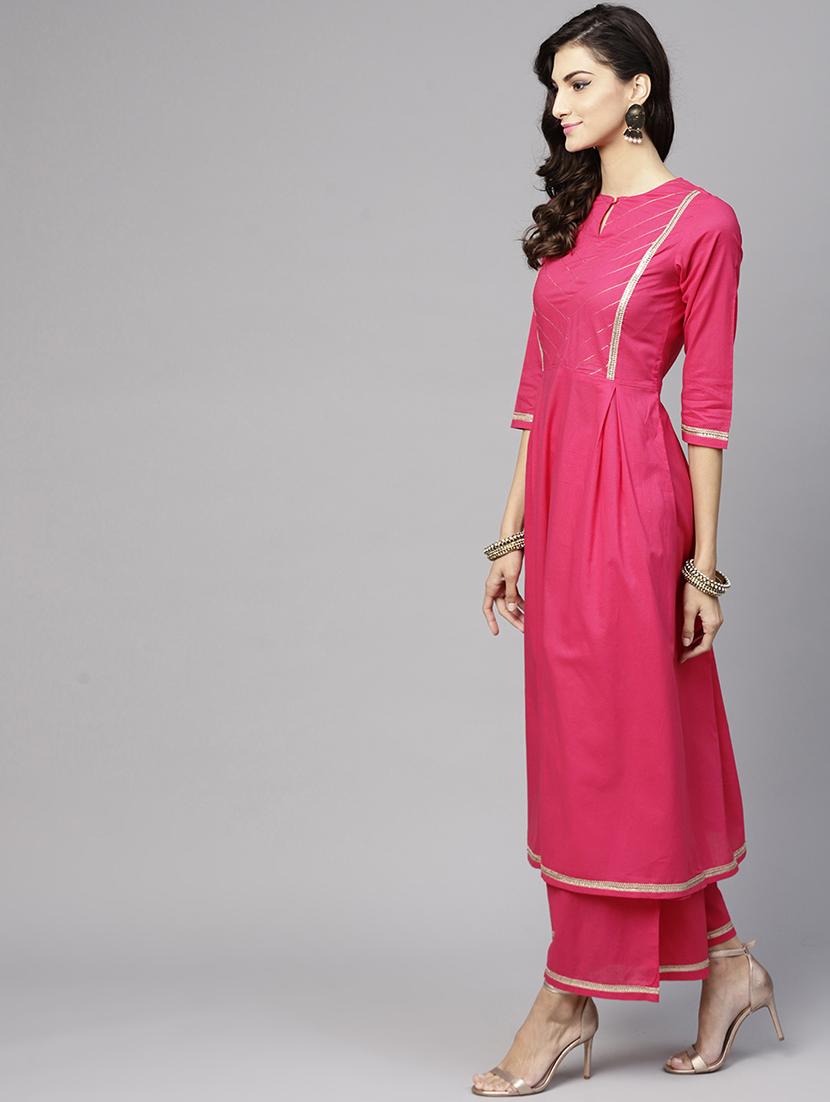 fuchsia gota patti flared kurta palazzo set - 15814800 - Zoom Image - 2