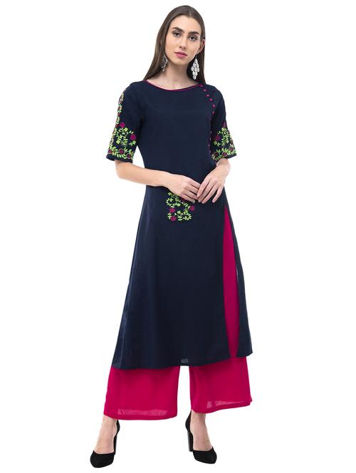 embroidered linen side slit kurta - 15815508 - Standard Image - 1