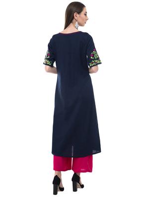 embroidered linen side slit kurta - 15815508 - Standard Image - 3