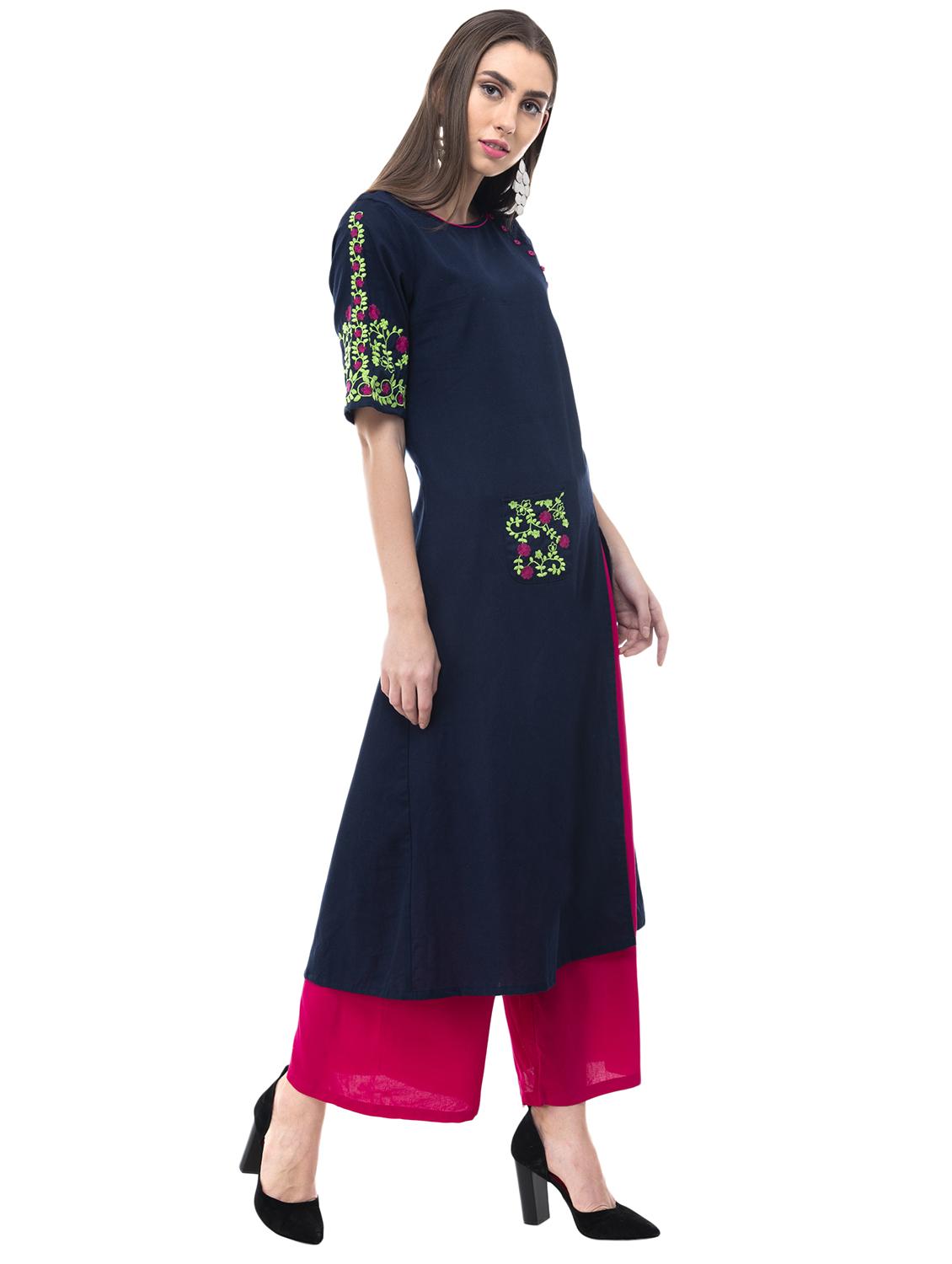 embroidered linen side slit kurta - 15815508 - Zoom Image - 2