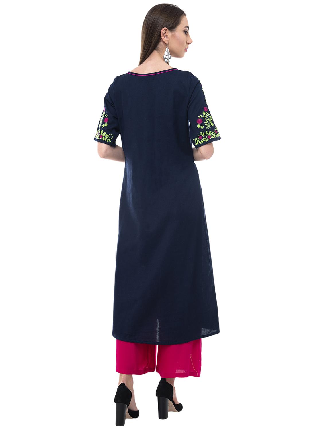embroidered linen side slit kurta - 15815508 - Zoom Image - 3