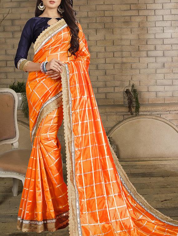 mirror lace border checkered saree with blouse - 15815739 - Zoom Image - 1