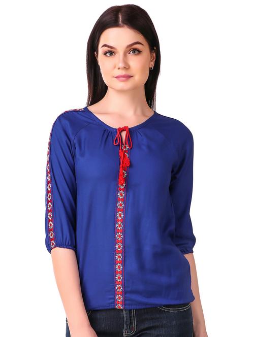 Tassel tie neck embroidered top - 15816378 - Standard Image - 1