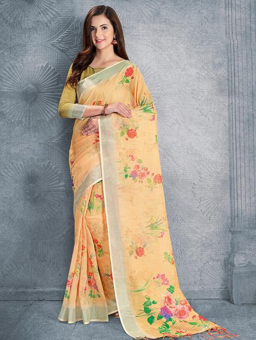 digital floral printed linen saree with blouse - 15817377 - Very Small Image - 1