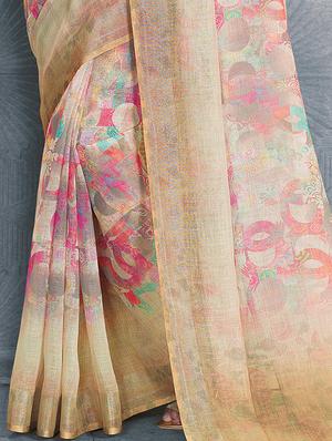 digital abstract printed linen saree with blouse - 15817379 - Standard Image - 3