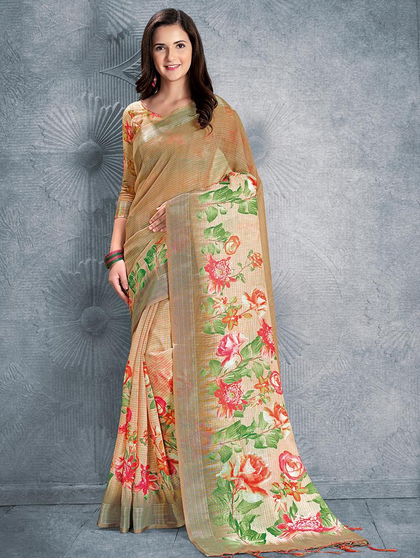 digital floral printed linen saree with blouse - 15817384 - Zoom Image - 1