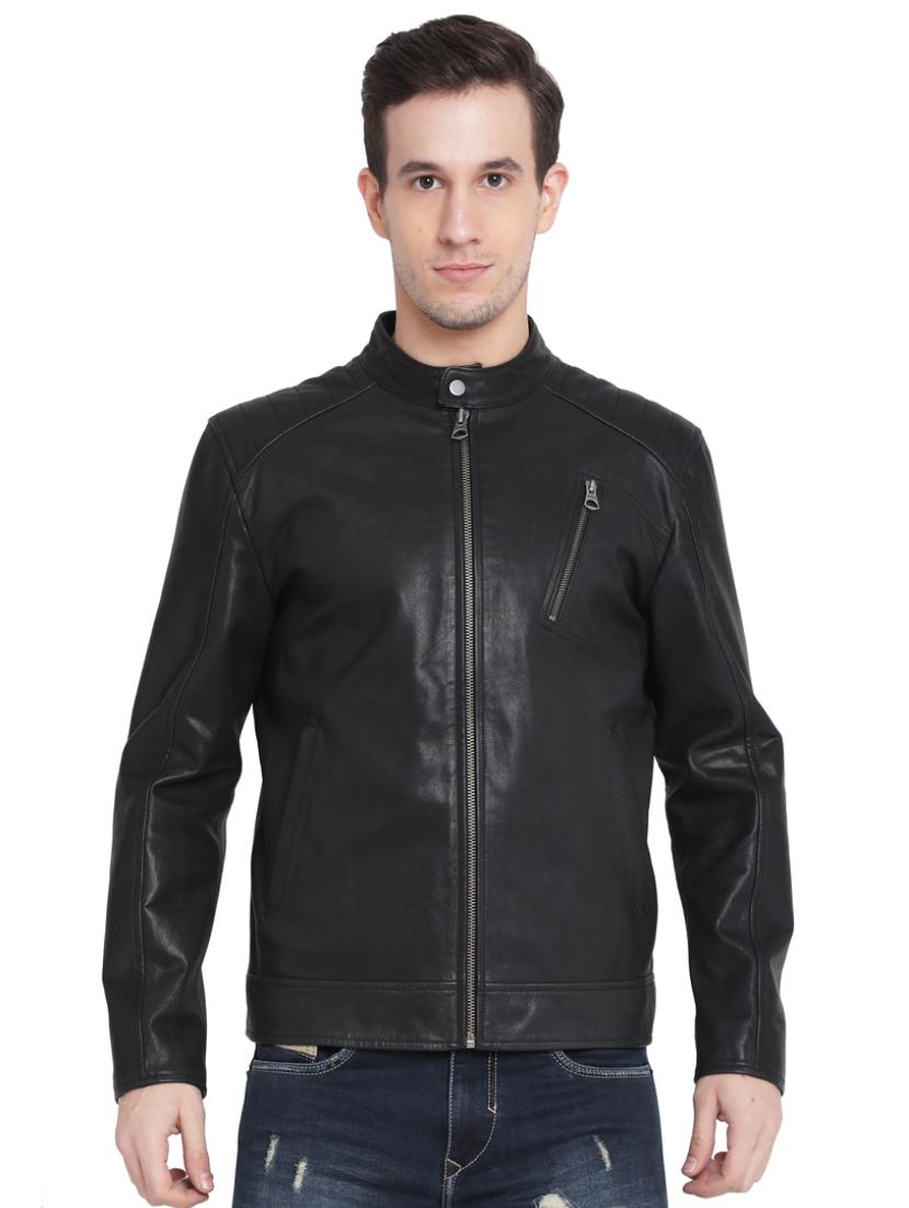 black solid 100% leather jacket - 15817478 - Zoom Image - 1