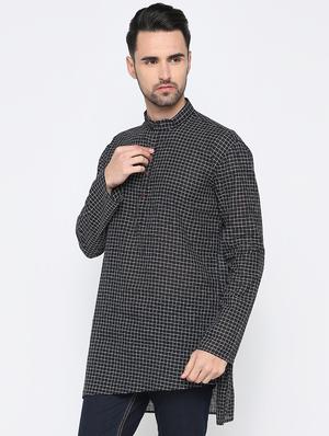 black checkered asymmetric kurta - 15817745 - Standard Image - 2