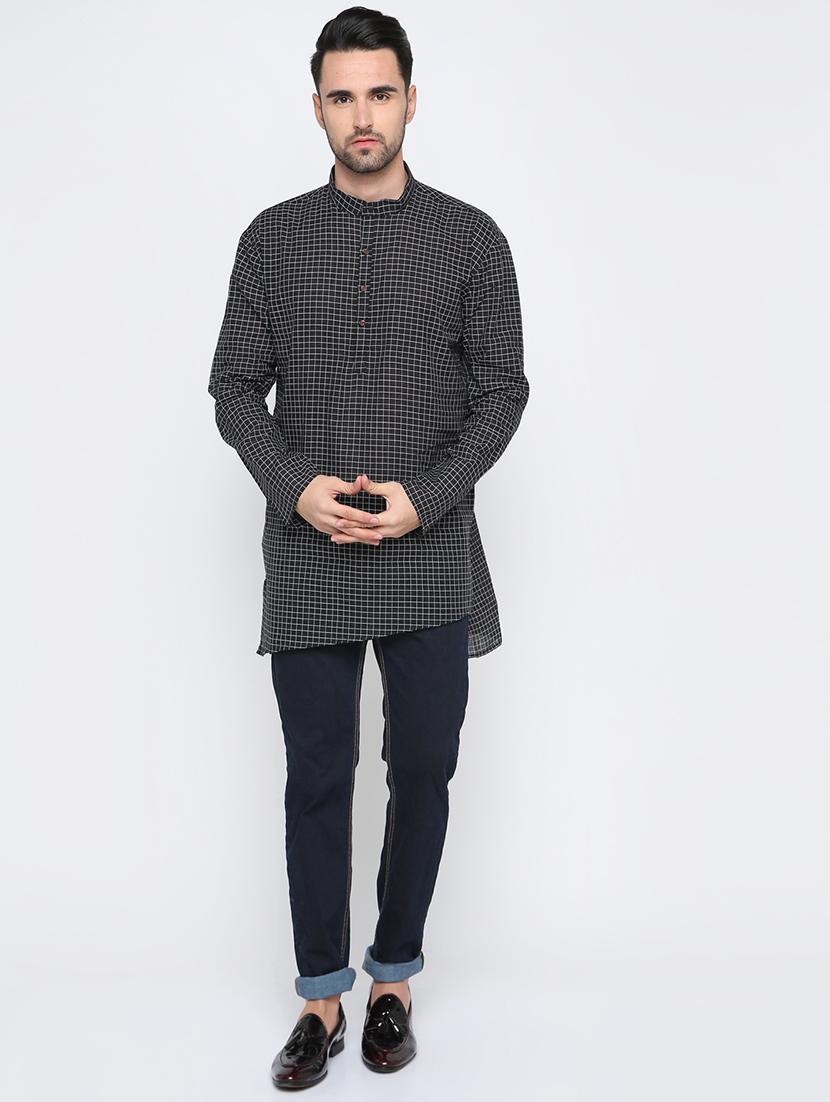 black checkered asymmetric kurta - 15817745 - Zoom Image - 4