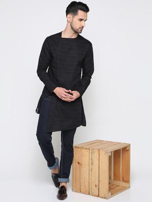black cotton asymmetric kurta - 15817761 - Standard Image - 4