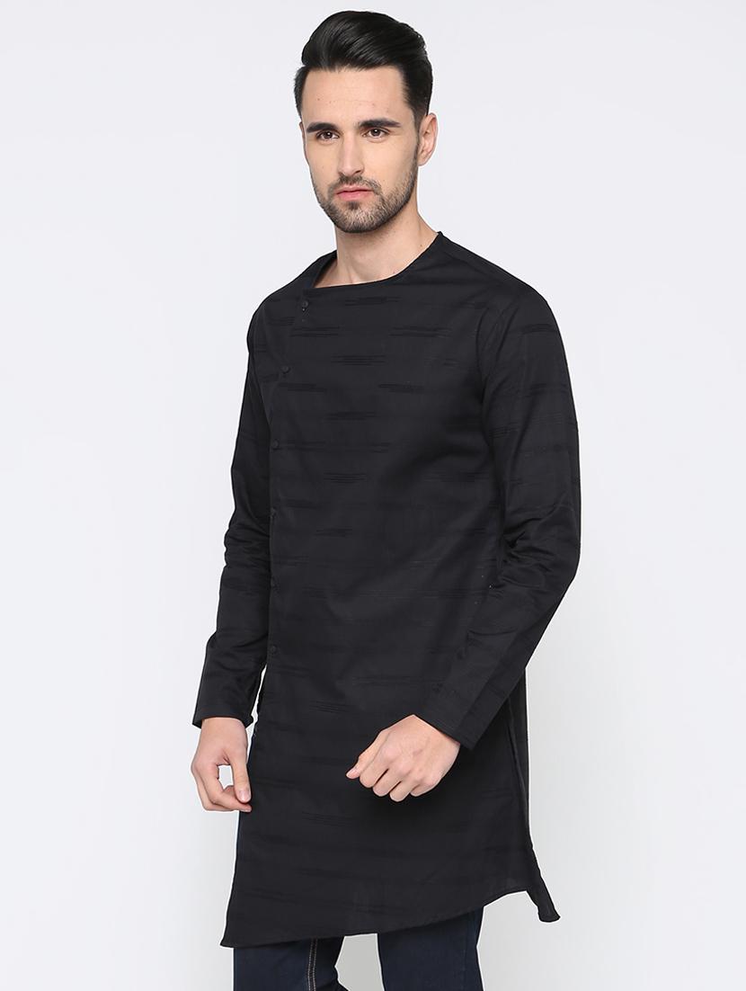 black cotton asymmetric kurta - 15817761 - Zoom Image - 2