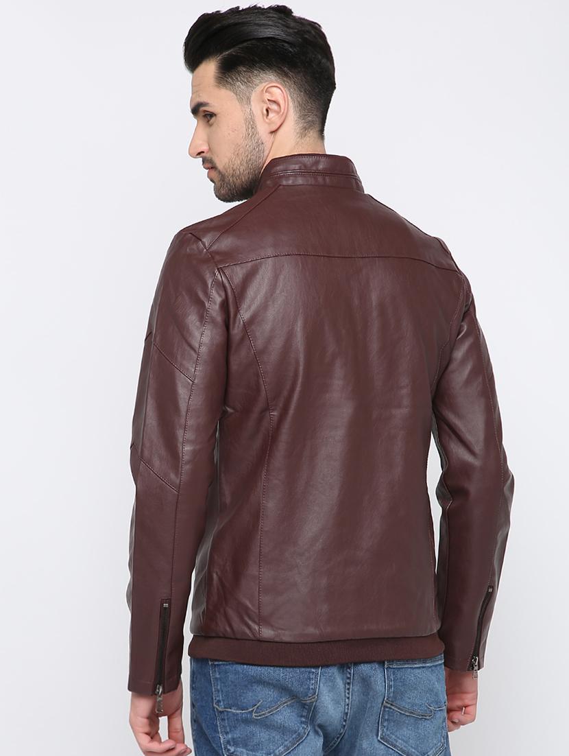 brown solid biker jacket - 15817827 - Zoom Image - 3